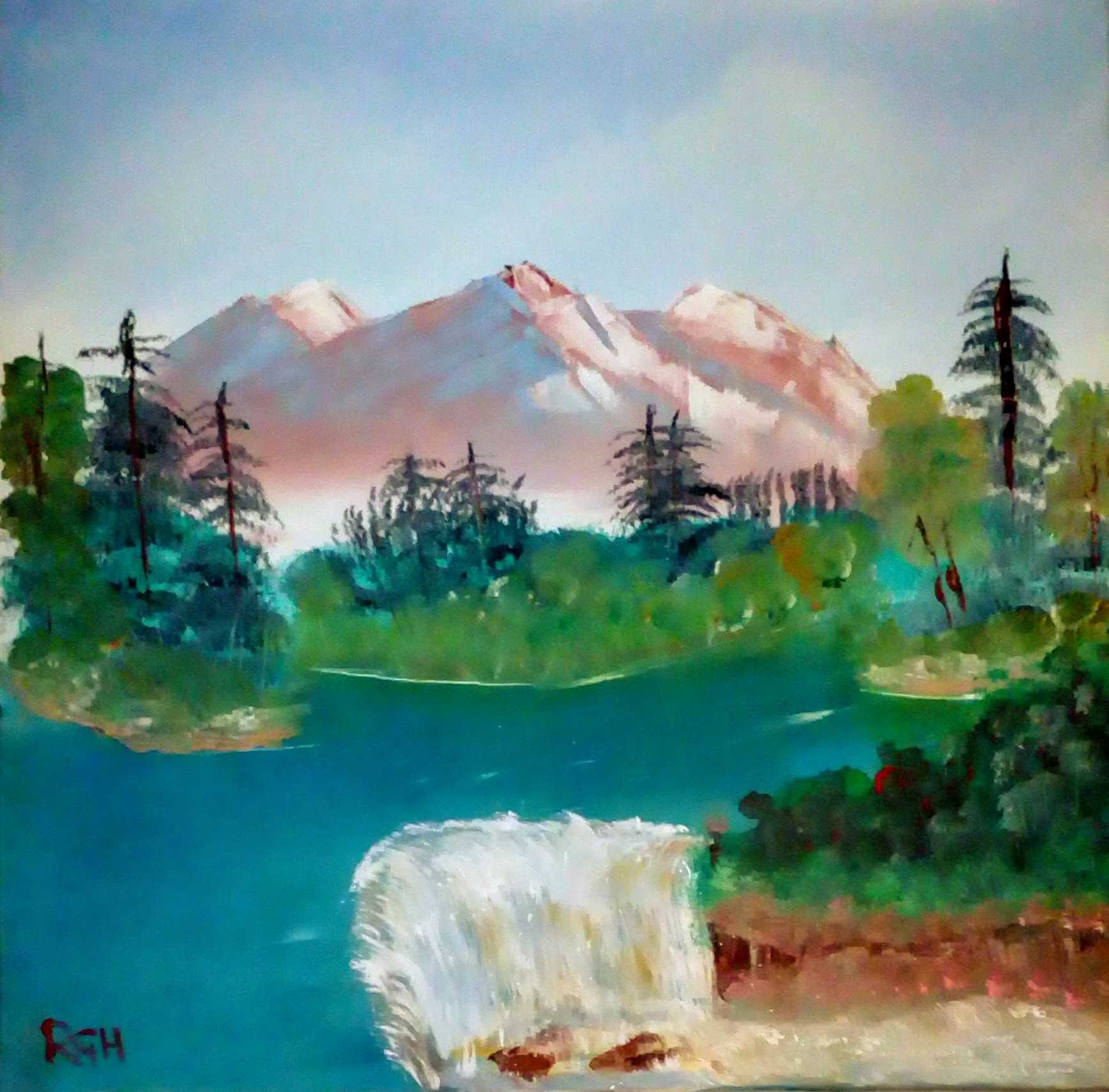Original oil painting of a mountain, bay, and waterfall