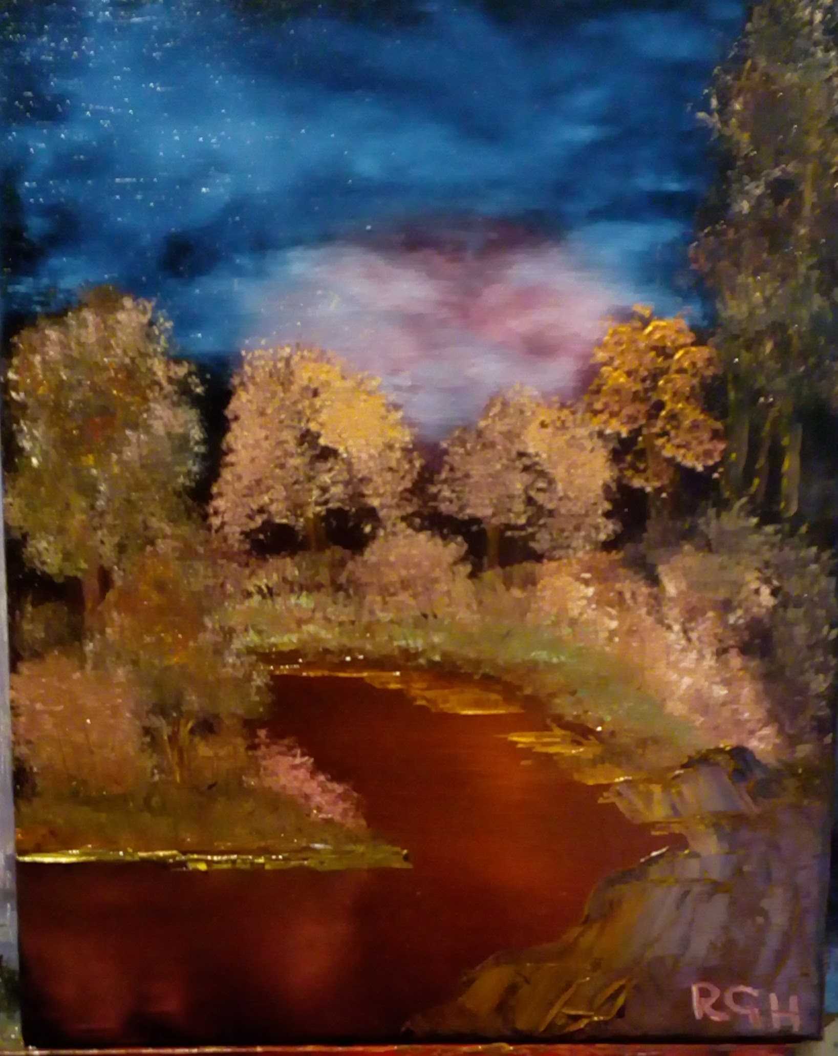 Original oil painting of the night sky over a meandering river