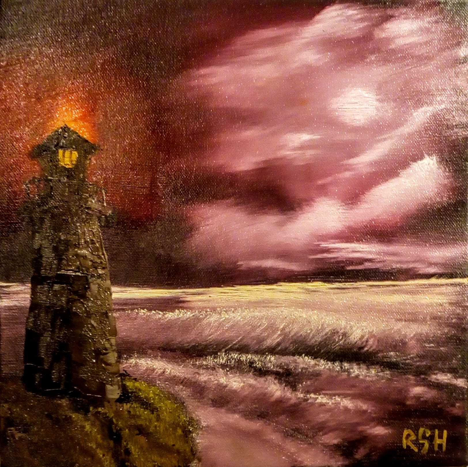 lighthouse on a beach with the moon peeping through the night time clouds