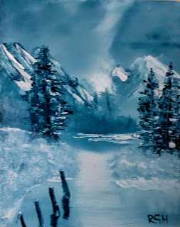 monochrome oil painting of snow covered mountains behind a frozen lake