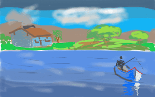 A lake, a shoreline, and a small boat