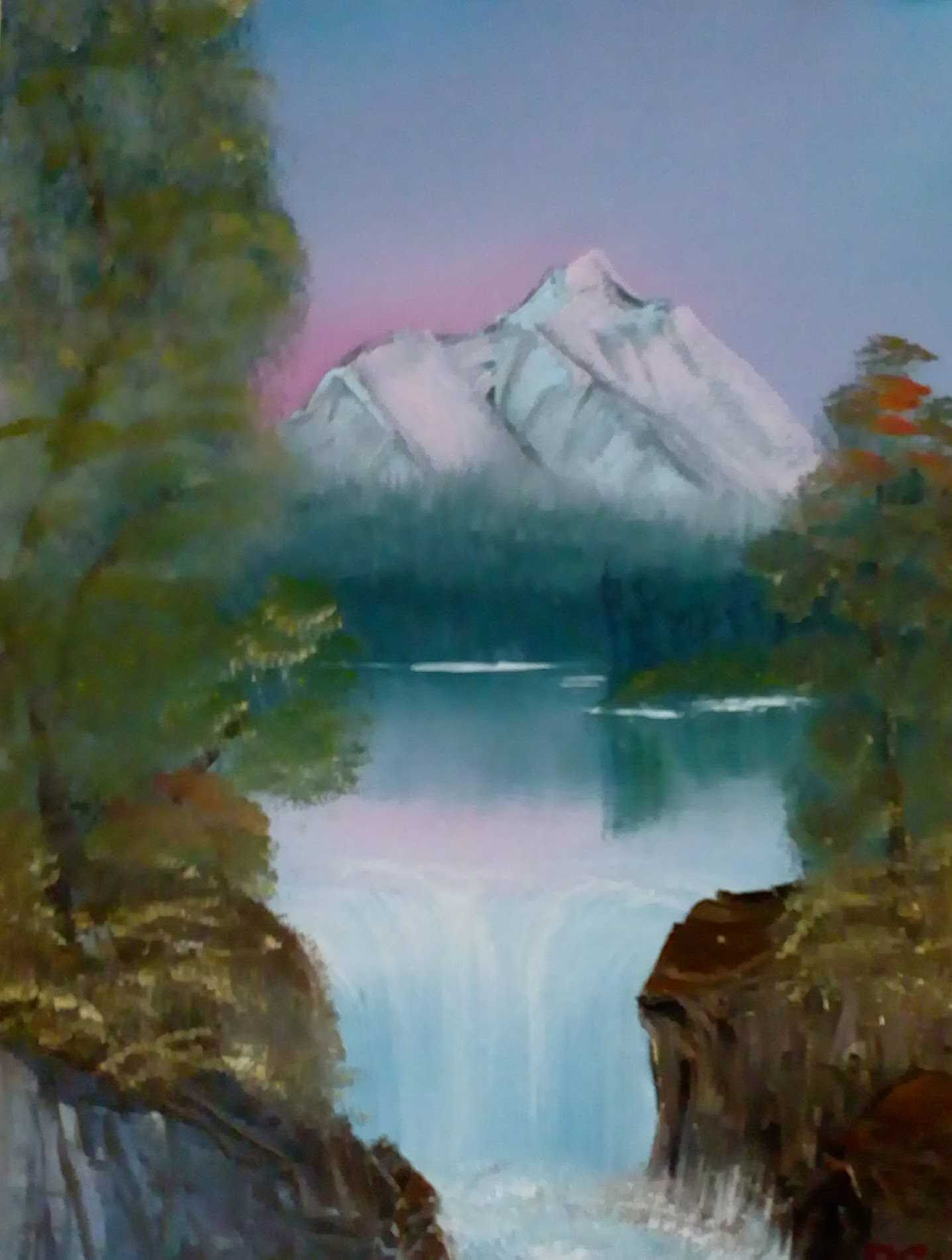 oil painting of mountain scene with waterfall in the foreground.